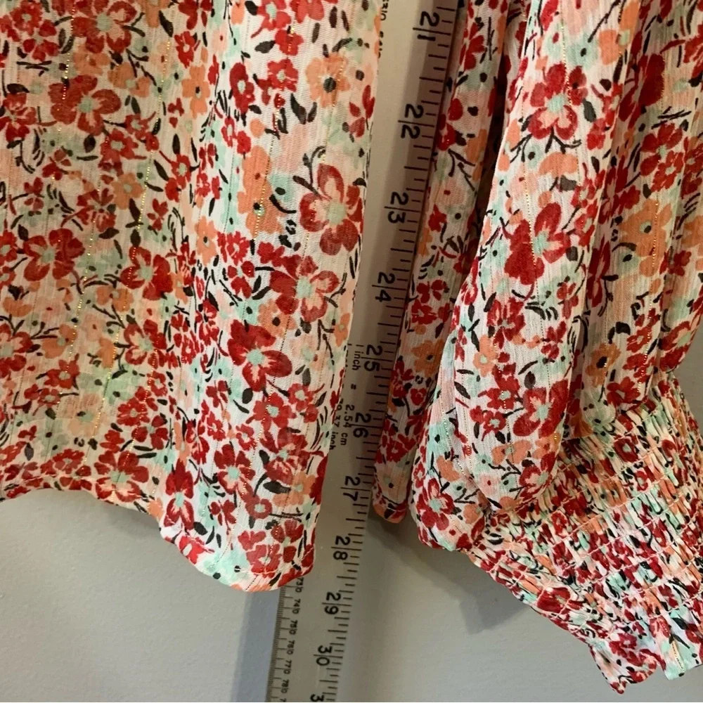 Torrid red, orange, light green sheer‎ floral long sleeve button up top. Size 1X - Picture 7 of 9